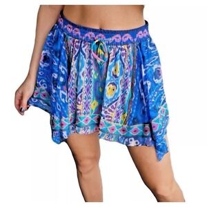 Zara Women Size Small Tribal Flowy Asymmetrical Mini Skirt Blue Multi Boho Lined